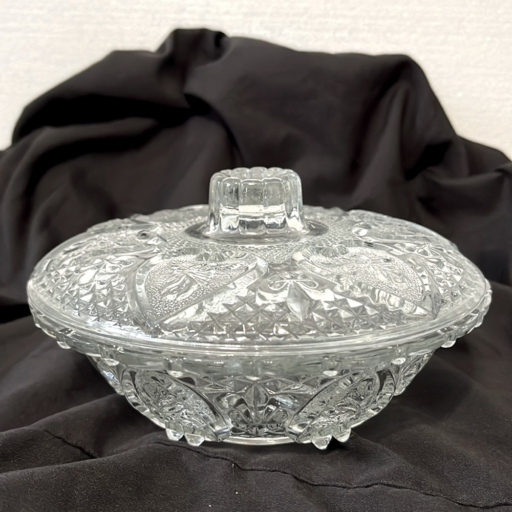 Vintage KIG Malaysia Crystal Clear Cut Glass Candy/Nut Dish w/Lid Very Detailed